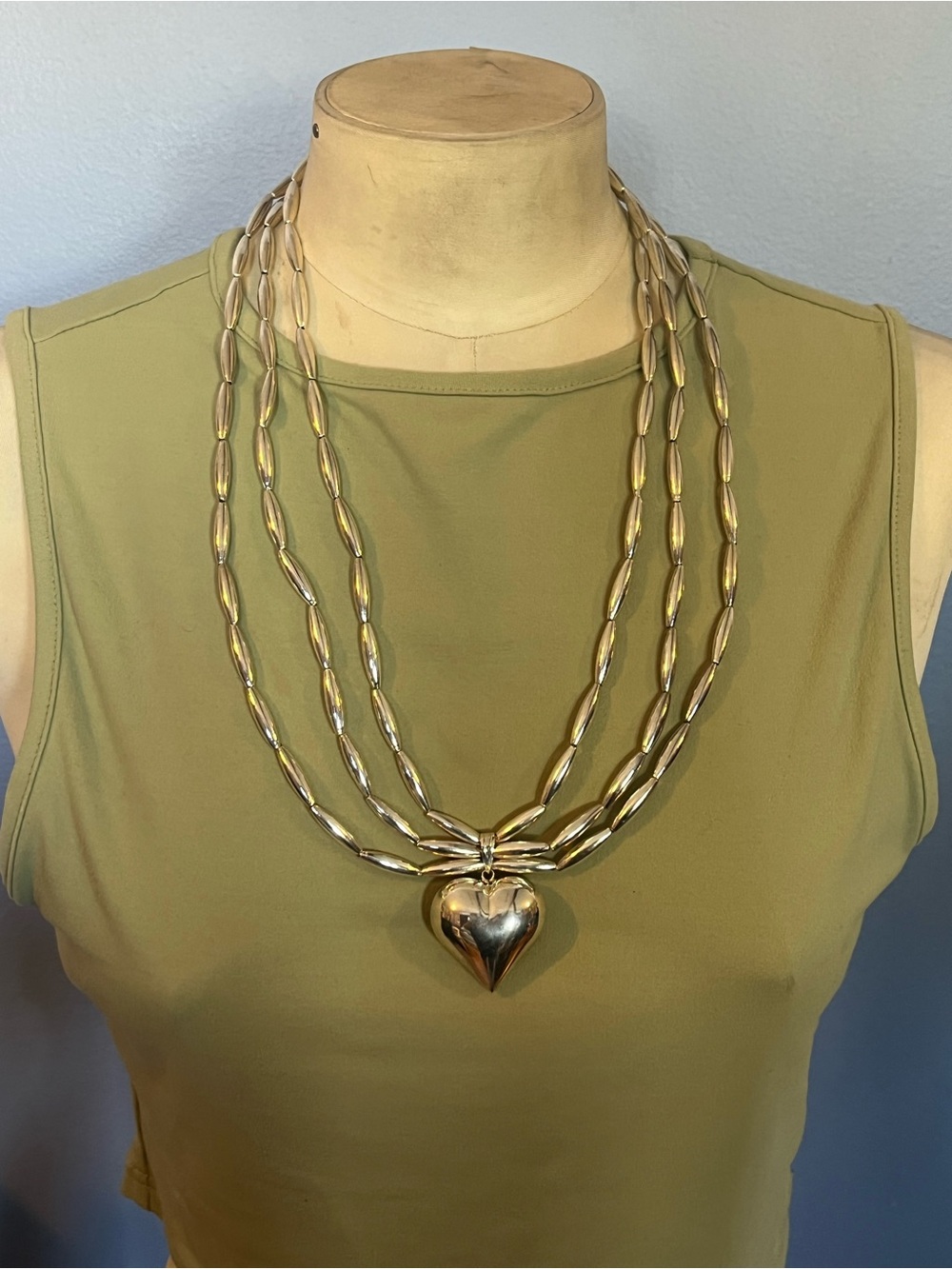 Silver Tone Heart Pendant Triple Strand Necklace